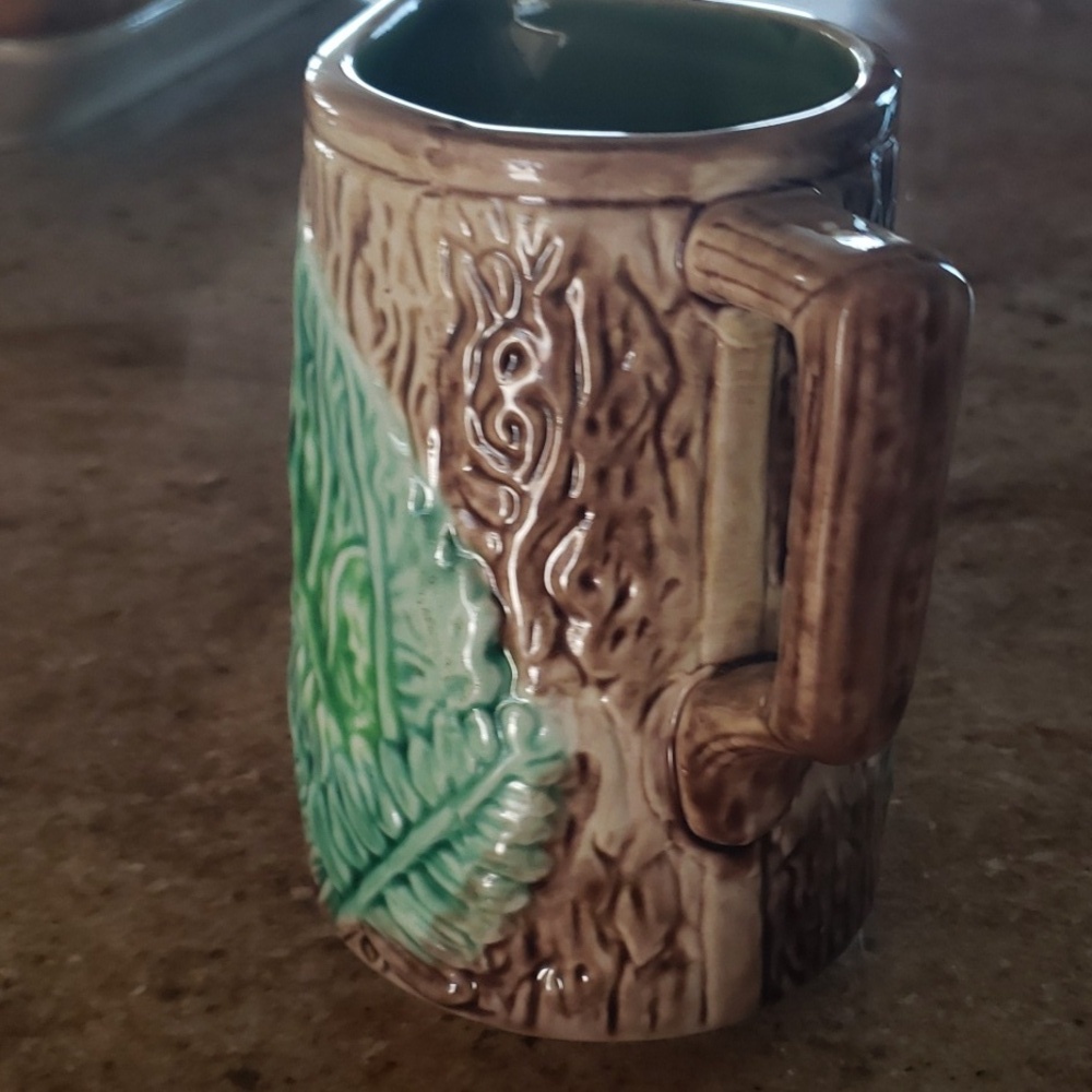 Antique Majoica Begonia Fern Leaf Rustic Tree Bark Planter Vase, Decor Pitcher - Picture 5 of 16